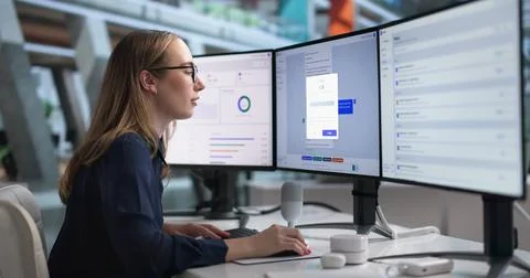 Woman Using Desktop Computer To Test AI Chatbot During Team Meeting. Stock Photos