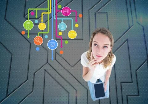 Woman using digital tablet against application icons i background Stock Photos