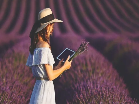Woman Using Digital Tablet in Endless Lavender Fields. SLOW MOTION 120 fps. Stock Footage 73440523