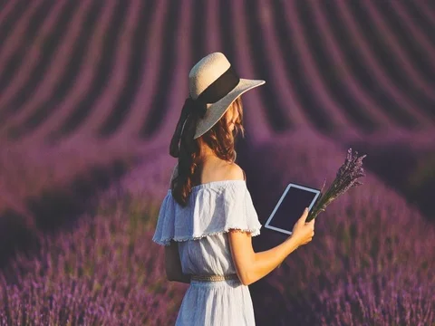 Woman Using Digital Tablet in Endless Lavender Fields. SLOW MOTION 120 fps. Vidéo 73446208