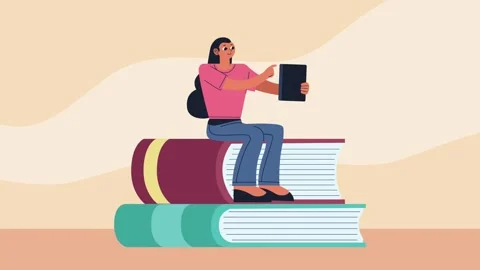 Woman using digital tablet while sitting on stack of books representing mod.. Stock Footage 338993128