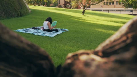 Woman using a fan in a park Stock Footage 341773686