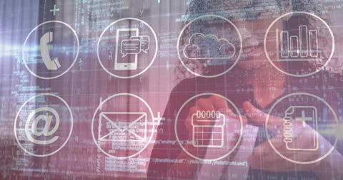 Woman using handheld device in technology office, displaying phone chat cloud Stock Footage 309093946