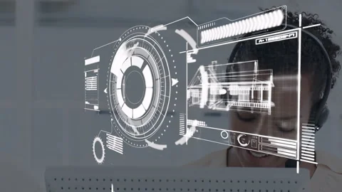 Woman using headset in technology office, analyzing dashboard and wireframe Video stock 307430988