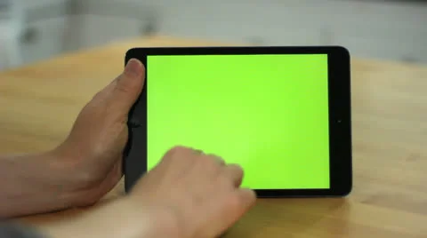 Woman Using Horizontal Tablet - Various Hand Gestures - Green Screen - Close Up Stock Footage 24204352