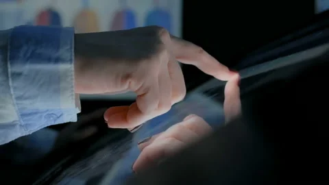 Woman using interactive touchscreen display at modern history museum Stock Footage 106021729