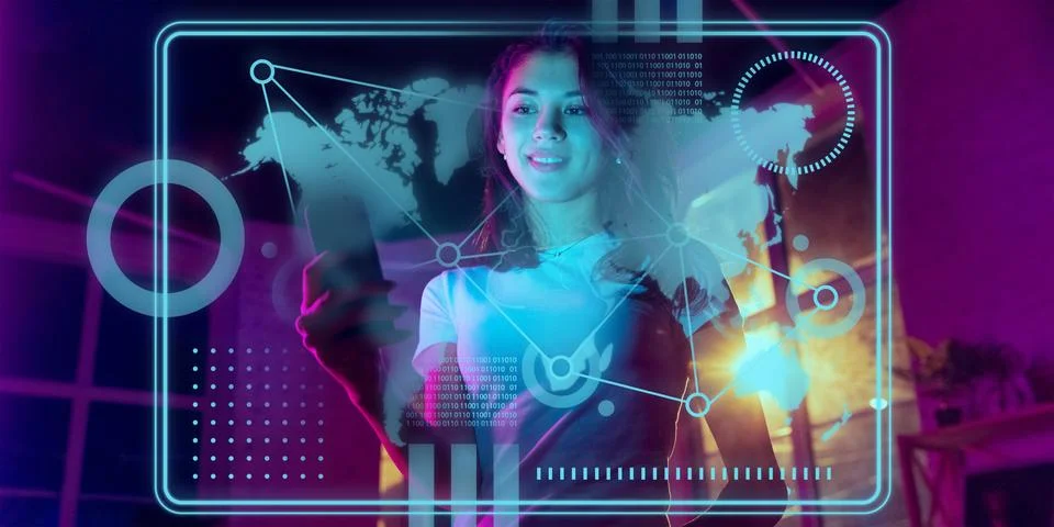 Woman using interface modern technology and digital layer effect as business Stock Photos
