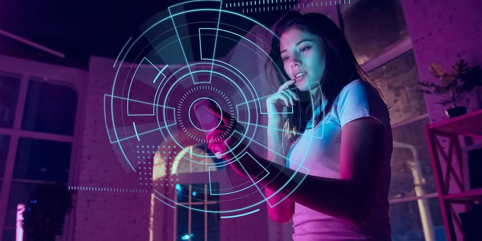 Woman using interface modern technology and digital layer effect as business Stock Photos
