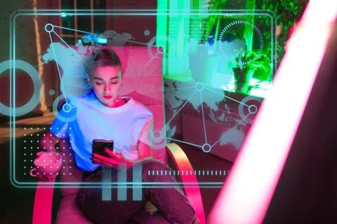 Woman using interface modern technology and digital layer effect as business Stock Photos