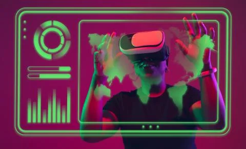 Woman using interface modern technology and digital layer effect, VR-headset as Stock Photos