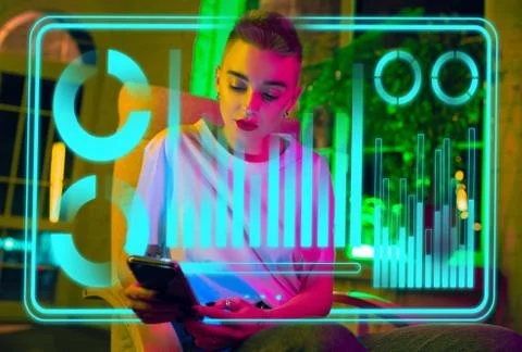 Woman using interface modern technology and digital layer effect as business Stock Photos