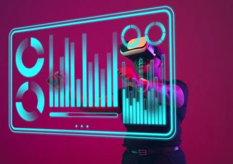Woman using interface modern technology and digital layer effect, VR-headset as Stock Photos