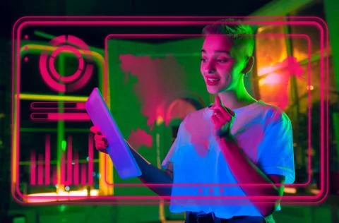 Woman using interface modern technology and digital layer effect as business Stock Photos
