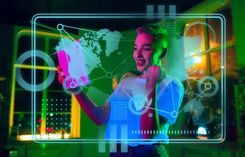 Woman using interface modern technology and digital layer effect as business Stock Photos
