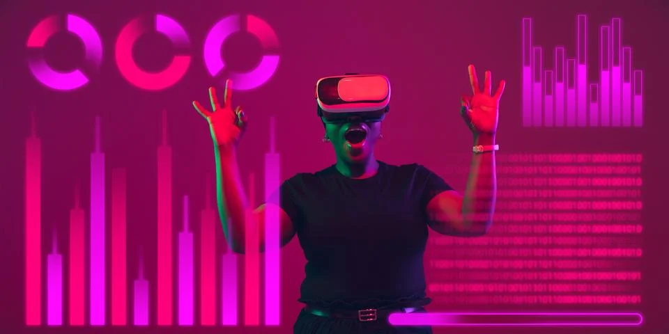Woman using interface modern technology and digital layer effect, VR-headset as Stock Photos