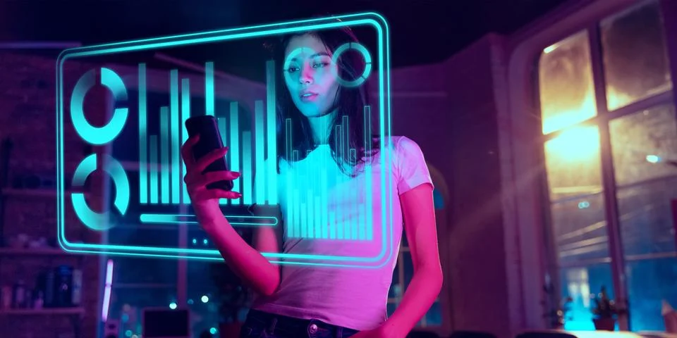 Woman using interface modern technology and digital layer effect as business Stock Photos