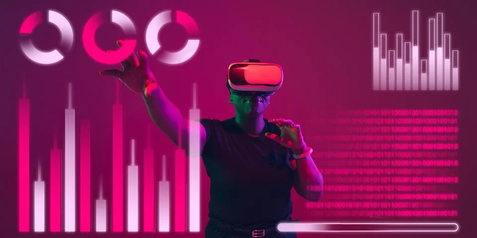 Woman using interface modern technology and digital layer effect, VR-headset as Stock Photos