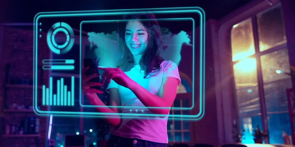Woman using interface modern technology and digital layer effect as business Stock Photos