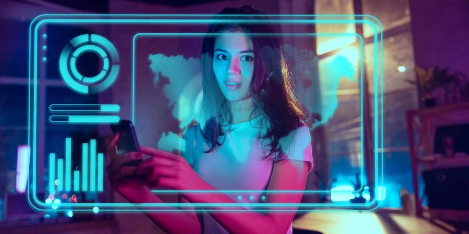 Woman using interface modern technology and digital layer effect as business Stock Photos