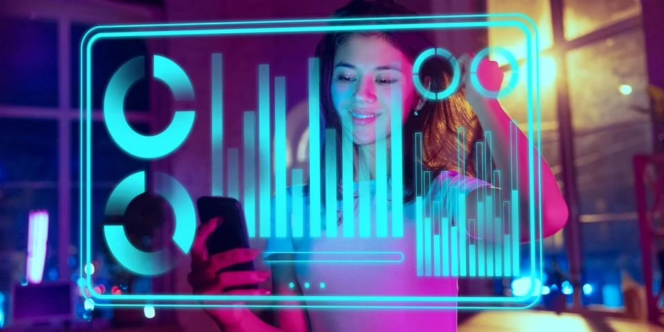 Woman using interface modern technology and digital layer effect as business Stock Photos