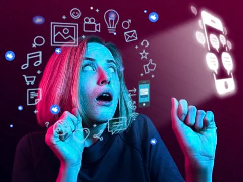 Woman using interface modern technology and digital layer effect for social Stock Photos