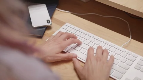 Woman Using Keyboard, Typing Hands in Office, Business Girl Using Internet Video stock 95077882