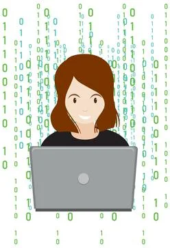A woman using laptop with binary code 스톡 일러스트