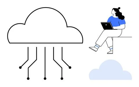 Woman Using Laptop with Cloud Computing Concept and Data Connectivity Icons イラスト素材
