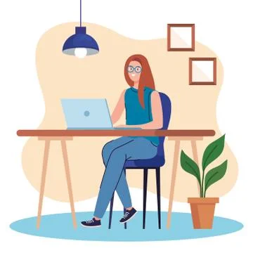 Woman using laptop computer in desk, working online Stock Illustration