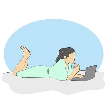 Woman using laptop computer on the floor illustration vector hand drawn Stock Illustration