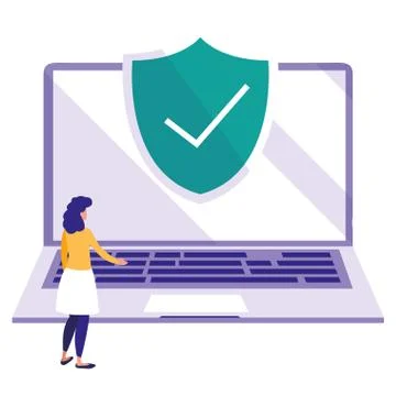 Woman using laptop computer with shield Illustrazione stock