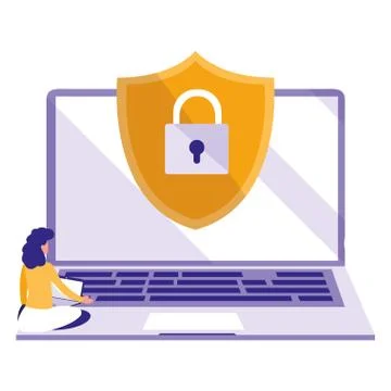 Woman using laptop computer with shield Stock Illustration