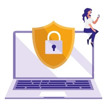 Woman using laptop computer with shield Stock Illustration