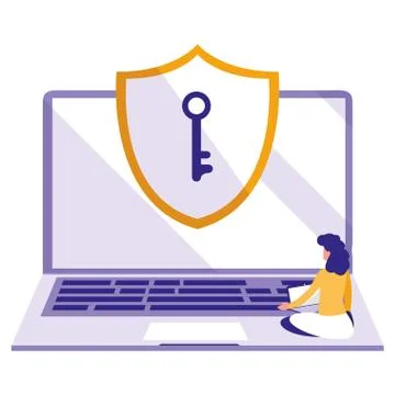 Woman using laptop computer with shield イラスト素材