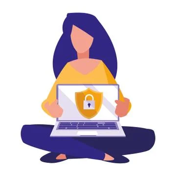 Woman using laptop computer with shield Stock Illustration