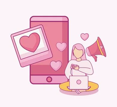 Woman using laptop computer with smartphone and megaphone Stock Illustration