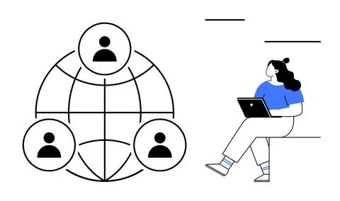 Woman using laptop, connected to three users over globe, symbolizing remote w Stock Illustration