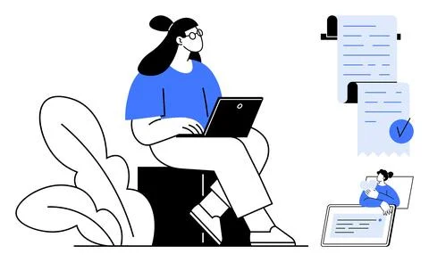 Woman Using Laptop with Documents and Checklist in Modern Digital Workspace Stock Illustration