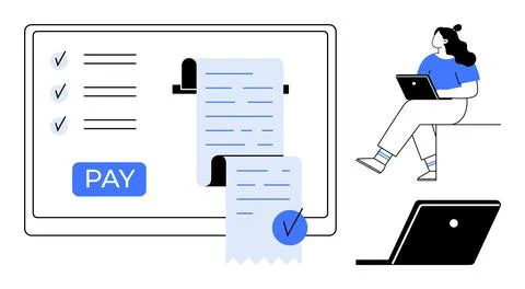 Woman using laptop, large computer screen with PAY button, checklists, receip Stock Illustration