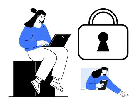 Woman using laptop, large security padlock, and woman taking notes. Ideal for Illustrazione stock