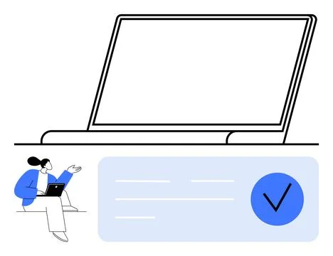 Woman Using Laptop Next to Computer Screen Display with Blue Check Mark visua Stock Illustration