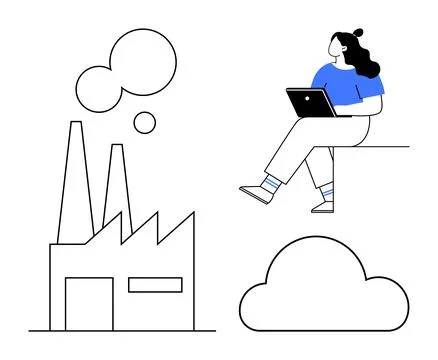 Woman Using Laptop for Remote Work with Factory and Cloud Elements Illustrazione stock