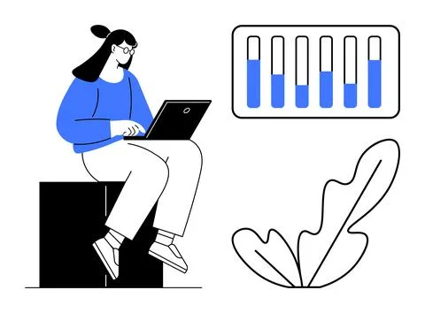Woman Using Laptop for Research with Data Chart and Decorative Leaf Element Illustrazione stock