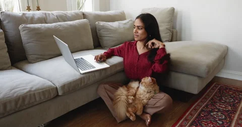 Woman using laptop seated on floor with cat on laps Stock Footage 315547752