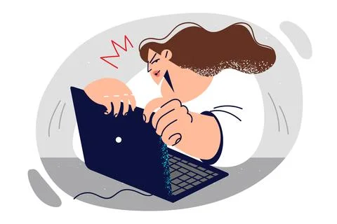 Woman using laptop sits at table and hides screen for fear of compromising Stock Illustration