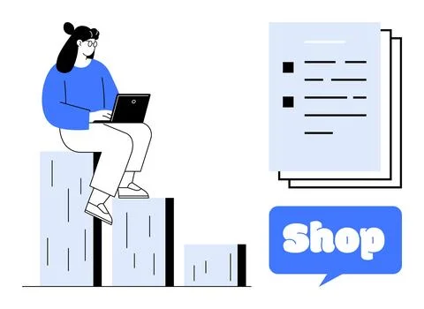 Woman Using Laptop Sitting on Graph Bars with Shopping Icon and Documents Stock Illustration