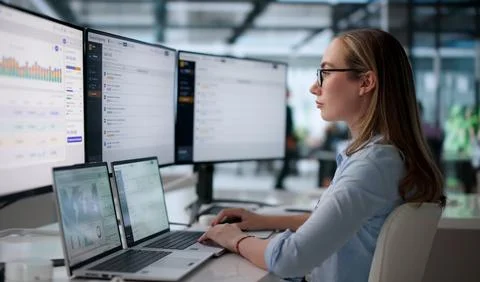 Woman Using Laptop Software To Review Year-end Financial Reports Online. Stock-Fotos