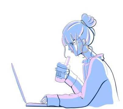 Woman using laptop while drinking coffee Stock Illustration