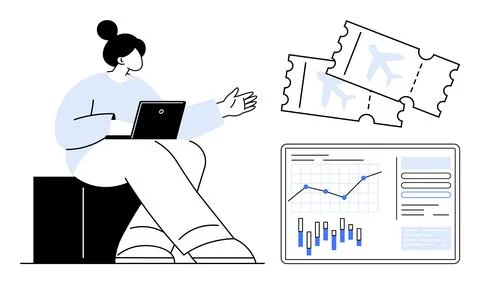 Woman using laptop while gesturing, two flight tickets, screen displaying dat Stock Illustration