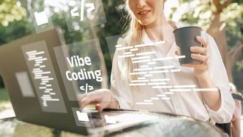 Woman using a laptop while holding a cup with vibe coding displayed on the Foto stock